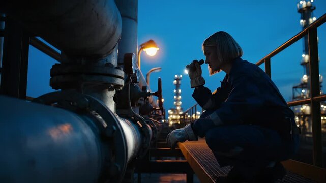 Inspecting industrial pipe at night. Technician performs inspection on pipe at refinery. Worker uses flashlight to check valve. Engineer monitors oil and gas system. Safety maintenance routine