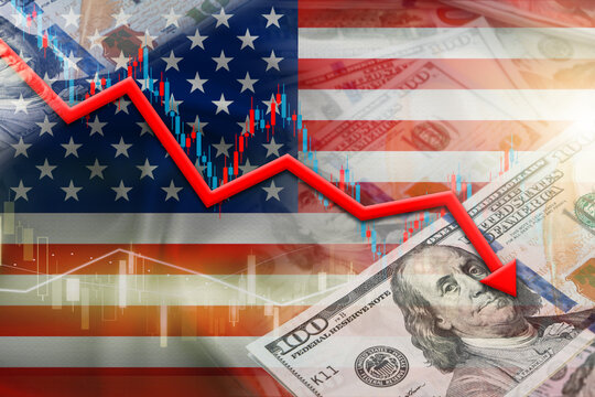 Concept of a falling US dollar. Dollar decline with the US flag and a negative market chart