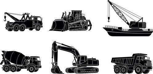 Heavy Construction Machinery Silhouettes Set Featuring Excavator Bulldozer Crane Dump Truck Concrete Mixer and Industrial Vehicles Isolated on White Background for Engineering Illustration Collection © Jomila