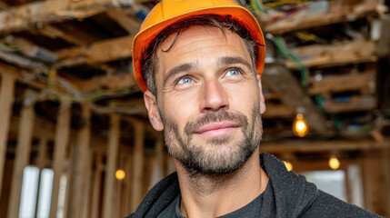 Portrait of a handsome construction worker wearing a hard hat. He looks up with hope, envisioning successful project. Man is inside, working on residential construction