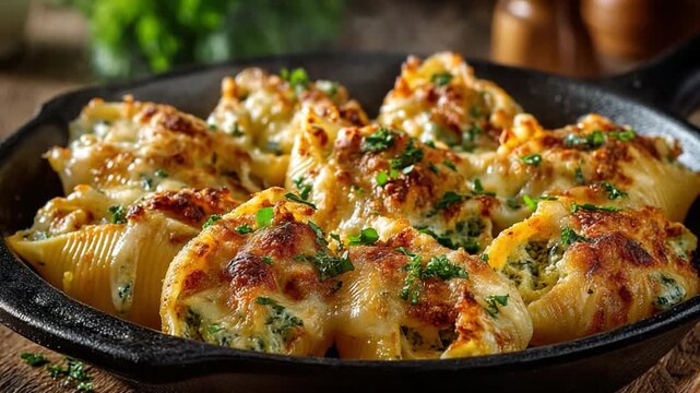 Delicious Stuffed Pasta Shells: A culinary masterpiece features beautifully baked pasta shells filled with a savory mixture, generously topped with melted cheese, and garnished with fresh herbs. 