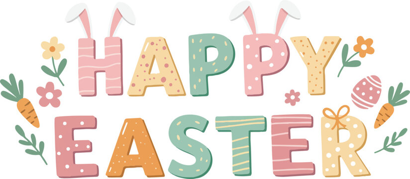 Colorful happy easter greeting with bunny ears flowers and carrots
