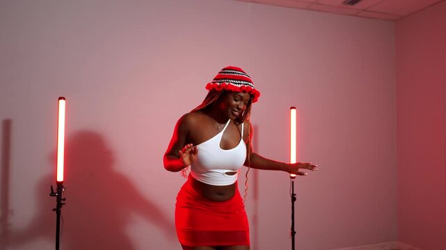 Energetic african woman with blonde braids dancing afrodance in a studio. Stylish female performer moving to the rhythm with red lights
