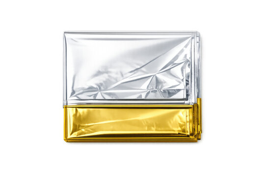 Shiny metallic survival blankets in silver and gold on gradient background