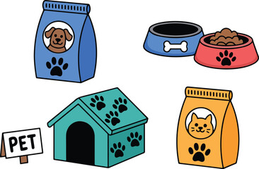 Pet House and Feeding Supplies Vector Set Dog Food, Cat Food, Bowls, and Accessories