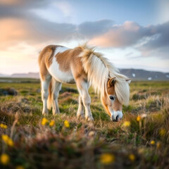 A cute Icelandic pony grazes peacefully in a lush green pasture at sunset, showcasing its beautiful blonde mane and coat