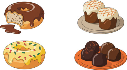 Decadent Dessert Line Icons Set  Glazed Donuts, Frosted Cakes, and Cocoa Truffles