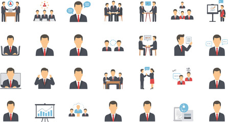 Fototapeta premium Business People and Corporate Communication Illustration Icon Set Showing Meetings, Presentations, Negotiations, Teamwork, and Professional Office Interaction Concepts