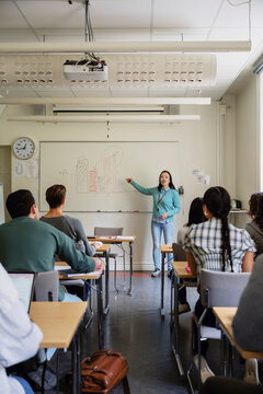 Female mature professor explaining bar graph on whiteboard in classroom full of students at university