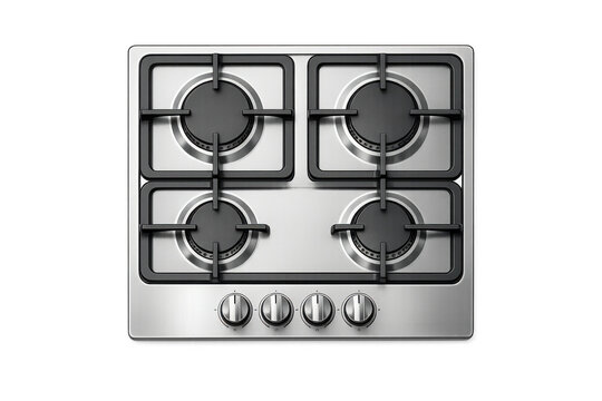Modern stainless steel gas stove top view on gray background