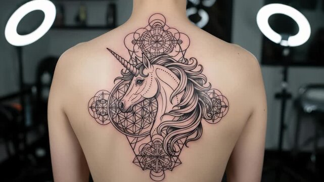 Intricate Geometric Unicorn Tattoo on Man's Back