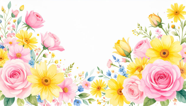 Abstract watercolor floral background with pink roses and yellow flowers frame