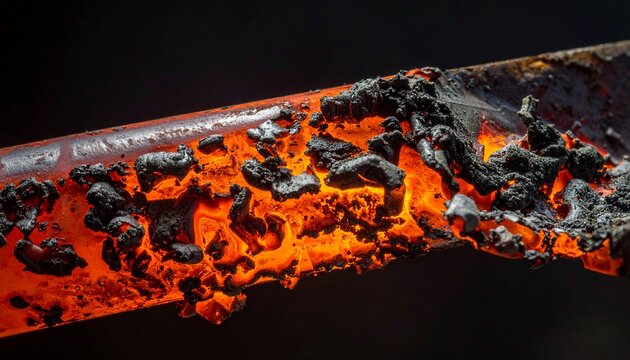 Metal glows brightly as it is heated and forged in a blacksmith shop during the evening hours of a busy work day