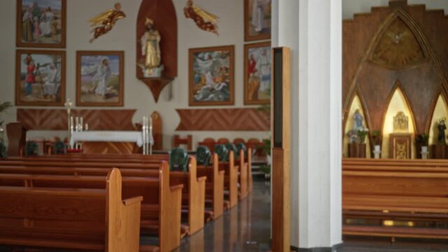 Interior church pews and altar in soft blurred bokeh defocused background church; background backplate copyspace template.