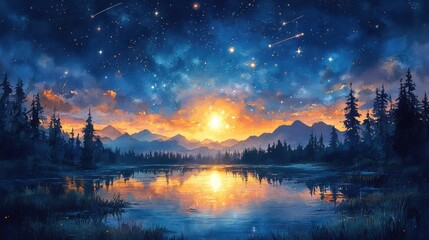Naklejka premium Watercolor Painting of Night Sky with Constellations and Shooting Star