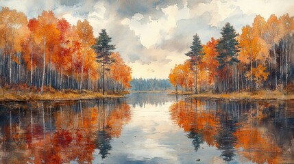 Watercolor Painting of Quiet Canal Lined with Autumn Trees in Full Color. Perfect Reflections in Still Water under Soft, Cloudy Sky