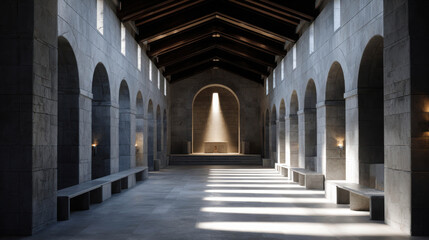 Fototapeta premium Serene Chapel Interior with Narrow Beams of Light Cutting through Stone Walls and Casting Dramatic Shadows on the Floor