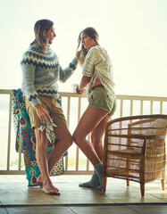 Love, relax and balcony with couple in home for bonding, support and morning coffee. Drink, connection and flowers with man and woman in apartment for marriage, bouquet and commitment together