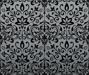 Naklejka premium Floral pattern. Seamless vector background. Vintage wallpaper in the Baroque style. Gray and black ornament for fabric, wallpaper, packaging. Ornate Damask flower illustration