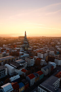 Reykjavik cityscape during golden hour with hallgr&iacute;mskirkja chu