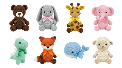 Fototapeta premium Crochet animal toy set including bear, bunny, giraffe, elephant, dinosaur, fox, whale, and sheep isolated. Handmade amigurumi plush collection for nursery and children.