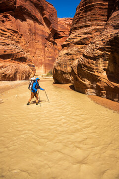 Adventurer Crossing Remote Utah Canyon Stream