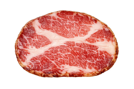 Thin slice of coppa, capocollo, or cured pork neck meat showing rich marbling, isolated on transparent background