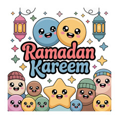 Fototapeta premium Ramadan Kareem Illustration: A vibrant and colorful illustration captures the spirit of Ramadan, featuring smiling characters and festive elements, perfect for celebrating the holy month.