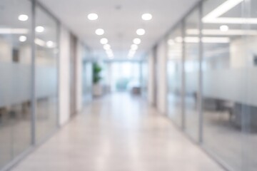 Blurred office hallway with glass walls and neutral colors creates a sense of space. Professional photos for backgrounds for text, banners, posters, and web displays.