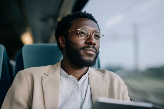 Business traveler with glasses commuting by train and looking out the window
