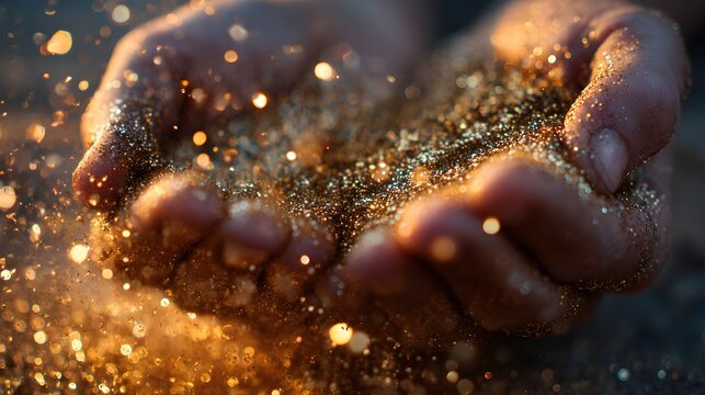 Glitter being blown from open hands with fingers cupped golden sparkles flying through air