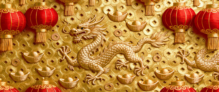 Wide horizontal Chinese New Year embroidery banner featuring golden dragons, auspicious clouds, and red lanterns on red or gold textile.
