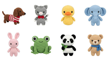 Obraz premium Amigurumi crochet animal set including dog, cat, duck, elephant, bunny, frog, panda, and bear isolated. Handmade plush toy collection for nursery and children.