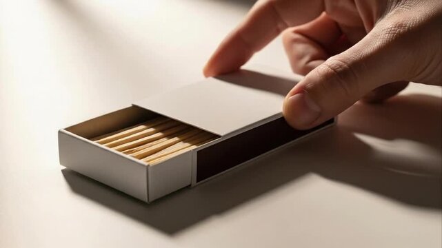 Hand interacting with a matchbox on a smooth surface close up