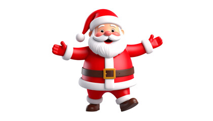 Fototapeta premium Cute 3D cartoon Santa Claus character standing with open arms, joyful Father Christmas mascot isolated on white background for holiday design