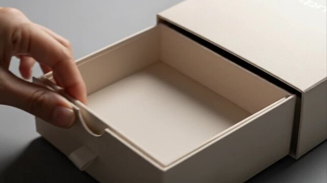 Hand opens empty drawer box neutral tones overhead shot