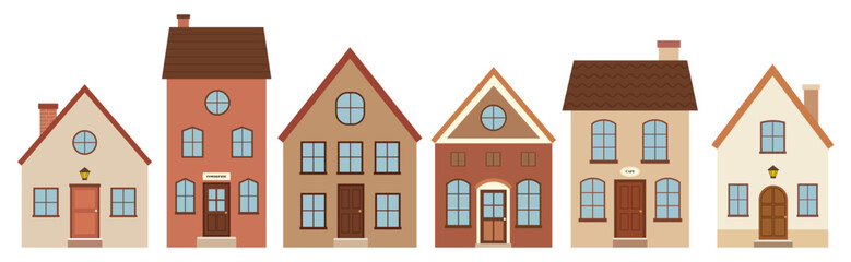 Set of various European style houses and shops on a village street illustration