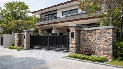 Modern luxury two-story house with black metal gate and decorative stone fence