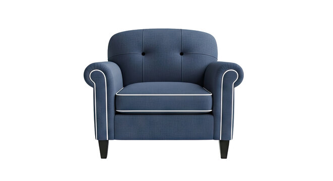 Blue Armchair with White Piping and Tufted Back