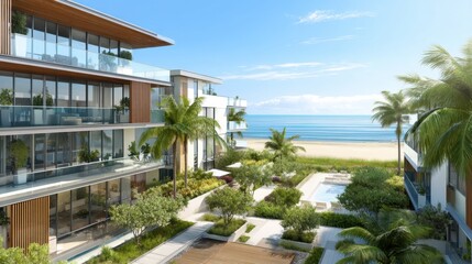 Fototapeta premium Modern condominium building with pool and landscaping near a beach and ocean. Luxury resort architecture and lifestyle for travel and vacation.