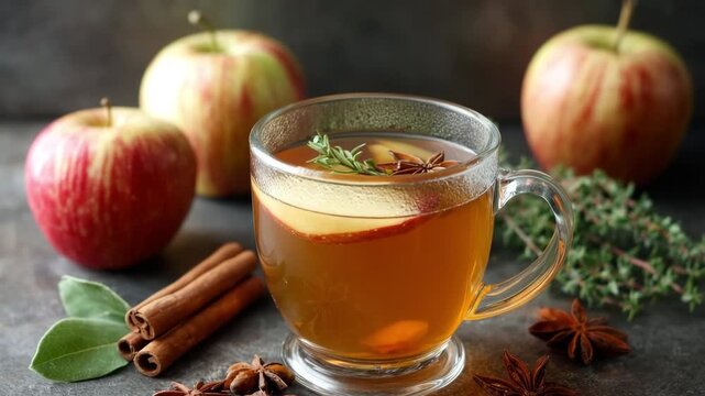 Hot spiced apple tea with orange slices and cinnamon on rustic wooden table. Homemade Apple Cider with Spices, concept of autumn beverage