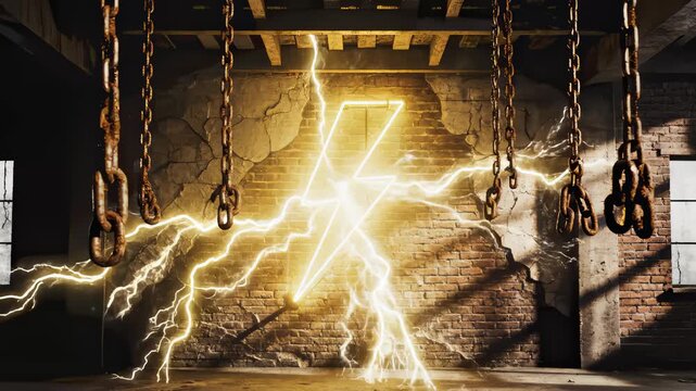 Lightning Bolt Emerges on Brick Wall With Hanging Chains in Dark Room