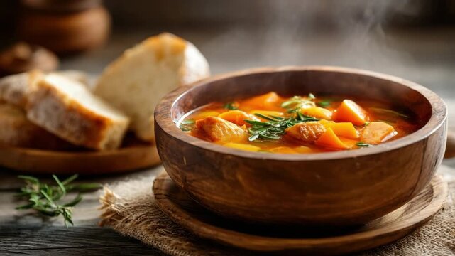 Hot meat and vegetable soup in wooden bowl with fresh bread on rustic table. Bowl of hearty soup made with turkey, vegetables, and herbs, steam rising. concept of homemade comfort food
