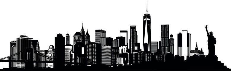 New York City skyline silhouette with skyscrapers bridge and Statue of Liberty isolated black vector illustration for travel branding © Shafali