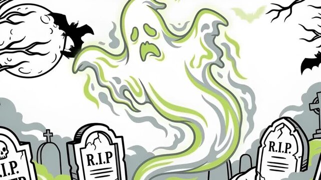Halloween Ghost Illustration in Haunted Graveyard, Halloween Ghost Vector Art for Spooky Graveyard Scene, Halloween Ghost Cartoon Illustration, halloween ghost, spooky illustration, haunted graveyard