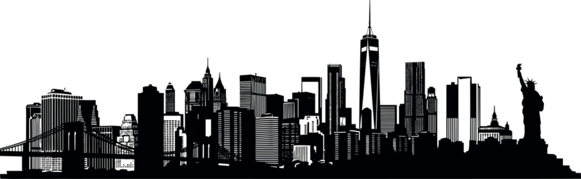 New York City skyline silhouette with skyscrapers bridge and Statue of Liberty isolated black vector illustration for travel branding