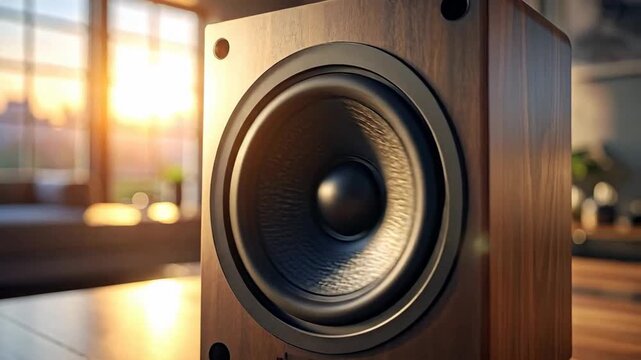 Wooden Audio Speaker on a Table Illuminated by Sunlight in a Bright Living Room