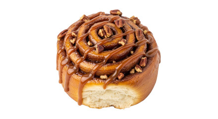 Delicious cinnamon roll with caramel and pecan toppings, bite missing, cut out, stock png, isolated on transparent background