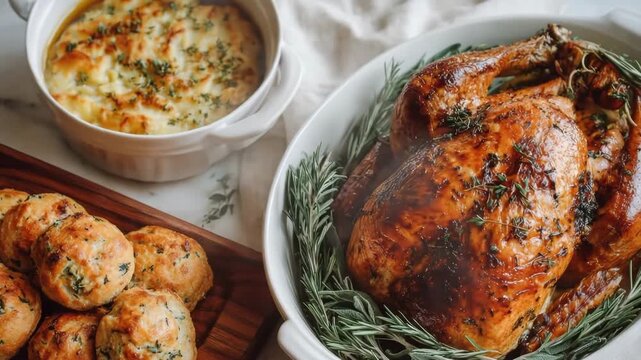 Roasted chicken with herbs and stuffing in rustic wooden and ceramic bowls on table. Make-Ahead Thanksgiving Dishes, concept of holiday meal