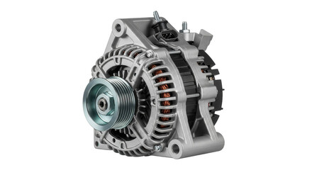 Automotive car alternator electrical component with pulley, cut out, stock png, isolated on transparent background